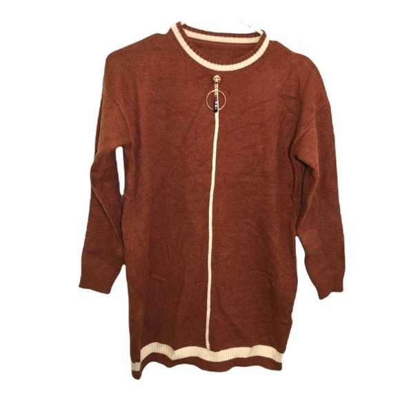 Tunic Sweater Dress Rust Brown White Stripe - Picture 1 of 8